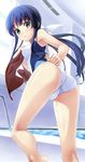  adjusting_clothes adjusting_swimsuit ass bare_legs barefoot blue_eyes blue_hair competition_swimsuit from_behind from_below gin_(ginshari) highres impossible_clothes joshi_mote_na_imouto_to_junan_na_ore leaning_forward long_hair looking_back looking_down low_ponytail mitsurogi_rinze non-web_source one-piece_swimsuit parted_lips scan sidelocks solo swimsuit towel wet wet_hair 