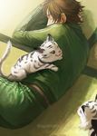  bayashiko brown_hair closed_eyes gokotai's_tigers highres lying male_focus on_floor on_side otegine sleeping solo tiger tiger_cub touken_ranbu twitter_username white_tiger 