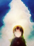  backlighting bad_id bad_pixiv_id blue_sky capelet closed_eyes cloud commentary_request eyelashes hood kumoi_ichirin light_smile long_hair peaceful sky solo sweat touhou tsukamoto_seiniku upper_body 