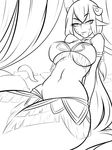  breasts greyscale hair_ornament hairclip highres lamia large_breasts lineart loen-lapae long_hair miia's_mother monochrome monster_girl monster_musume_no_iru_nichijou navel pointy_ears scales slit_pupils solo very_long_hair 