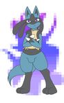  2014 3_toes abstract_background anthro blue_fur canine fur looking_at_viewer lucario male mammal mrpandragon nintendo pok&eacute;mon purple_eyes solo spikes standing toes video_games 
