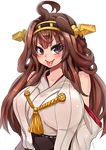  ahoge blush breasts brown_hair double_bun hairband huge_breasts kantai_collection kongou_(kantai_collection) long_hair nontraditional_miko purple_eyes simple_background solo tongue tongue_out white_background yukinojou_yakan 