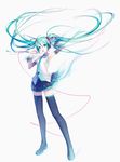  arm_up armpits boots detached_sleeves floating_hair green_eyes green_hair hatsune_miku hatsune_miku_(vocaloid3) headphones ixima long_hair necktie skirt solo thigh_boots thighhighs twintails very_long_hair vocaloid white_background 