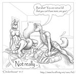  2010 absurd_res anthro bed belly big_belly breasts clothed clothing comic duo english_text faf feline female food fur hand_on_belly hi_res jes male mammal monochrome nipples nude raised_tail speech_bubble taur text 