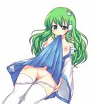  bat_wings blush breasts detached_sleeves green_eyes green_hair kochiya_sanae long_hair mouth_hold nipples open_clothes panties panty_pull pussy skirt skirt_lift small_breasts solo thighhighs touhou underwear white_background white_legwear wings yukari_yukke 