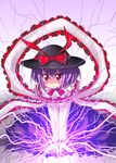  bow capelet frills hat hat_bow nagae_iku purple_hair red_eyes shawl solo sparks touhou yukari_yukke 