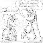  2010 absurd_res anthro breasts clothed clothing comic duo english_text faf feline fur hi_res jes mammal monochrome navel nipples nude speech_bubble taur text tree 