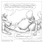  2010 absurd_res anthro bed belly big_belly breasts clothed clothing comic duo english_text faf feline female fur hand_on_belly hi_res jes male mammal monochrome nipples nude speech_bubble suggestive taur text 