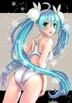 ahoge ass back blue_eyes blue_hair blush competition_swimsuit flower from_behind hair_flower hair_ornament hairband hatsune_miku katahira_masashi long_hair looking_at_viewer looking_back one-piece_swimsuit open_mouth smile snowflakes solo swimsuit twintails very_long_hair vocaloid yuki_miku 