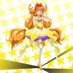  acchi_(koiyimknp) amanogawa_kirara boots brown_hair cure_twinkle earrings gloves go!_princess_precure highres jewelry long_hair looking_at_viewer magical_girl multicolored_hair petticoat precure purple_eyes red_hair solo standing standing_on_one_leg star star_earrings starry_background thigh_boots thighhighs twintails two-tone_hair v white_gloves white_legwear 