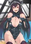  abs black_hair breasts cutting_board dateya_torahachi elbow_gloves front_zipper_swimsuit gauntlets gloves headgear highres kantai_collection large_breasts long_hair meme_attire nagato_(kantai_collection) one-piece_swimsuit red_eyes rei_no_pool swimsuit thighhighs when_you_see_it 