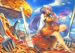  apple_pie bare_legs barefoot blue_sky breasts brown_dress cloud day dress eating flower food fork hair_flower hair_ornament highres knife large_breasts long_hair long_sleeves low_twintails melon22 minigirl open_mouth pie purple_eyes purple_hair shirt short_dress sitting sky touhou tsukumo_benben twintails very_long_hair 
