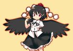  black_hair black_wings camera feathered_wings hat highres red_eyes shameimaru_aya solo tokin_hat touhou wings yellow_background yukari_yukke 