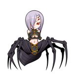  aoba_kino arachne breasts chibi crossed_arms detached_sleeves extra_eyes full_body insect_girl large_breasts lavender_hair looking_at_viewer monster_girl monster_musume_no_iru_nichijou multiple_legs navel rachnera_arachnera red_eyes simple_background smile solid_eyes solo spider_girl underboob white_background 