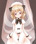  blonde_hair blush bow dress drill_hair hair_bow hat head_tilt huyusilver long_sleeves luna_child red_eyes short_hair sitting sleeves_past_wrists smile solo touhou wings 