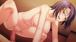  1boy 1girl angel_game areolae blush breasts brown_eyes censored condom condom_on_penis cowgirl_position game_cg girl_on_top glasses hanging_breasts highres large_breasts leaning_forward legs looking_down lying navel nipples nude open_mouth penis purple_hair pussy saeki_hokuto sex short_hair smile solo_focus spread_legs straddling sweat thighs toujou_keiko vaginal wet 