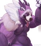  2015 anthro belly big_belly binturong claws fur male muscles navel nude open_mouth pecs plain_background purple_eyes purple_fur smile solo suck_mcjones teeth tongue tongue_out whiskers white_fur 