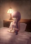  alternate_hairstyle arinu bed bespectacled blanket book braid coat dress glasses lamp long_hair open_clothes open_coat patchouli_knowledge pillow purple_eyes purple_hair reading single_braid solo striped striped_dress touhou very_long_hair 