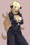  blonde_hair breasts center_opening cleavage commentary cowboy_shot crossed_arms eu03 fur_collar hair_ornament hair_over_one_eye huge_breasts jacket long_hair looking_at_viewer no_bra pants pokemon shirona_(pokemon) simple_background smile solo standing very_long_hair yellow_eyes 