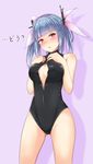 bad_id bad_pixiv_id banned_artist black_swimsuit blue_hair blush breasts cleavage front_zipper_swimsuit hair_ribbon highres i-19_(kantai_collection) kantai_collection large_breasts long_hair meme_attire minagiku one-piece_swimsuit open_mouth red_eyes ribbon solo swimsuit translated twintails 