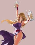  ;) alcohol arm_up beer beer_mug belt blonde_hair blue_eyes bonne_jenet bouncing_breasts breasts choker commentary cowboy_shot cup dress eu03 fatal_fury groin holding holding_cup large_breasts long_hair looking_at_viewer mark_of_the_wolves no_bra one_eye_closed panties pantyshot pantyshot_(standing) purple_panties side_slit simple_background smile snk solo standing unaligned_breasts underwear wristband 