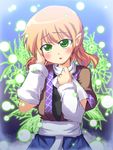  arm_support blonde_hair blush green_eyes japanese_clothes mizuhashi_parsee pointy_ears scarf solo touhou yukari_yukke 