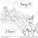  2010 absurd_res anthro breasts caught clothed clothing comic duo english_text faf feline fur grass hi_res jes mammal monochrome navel nipples nude speech_bubble taur text thought_bubble tree 