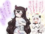  :3 :d ahoge black_hair black_panties blush closed_eyes clothes_writing crossed_arms fang food food_on_head hase_yu hishimochi horns isolated_island_oni kantai_collection long_hair mittens multiple_girls naked_shirt northern_ocean_hime object_on_head open_mouth orange_eyes panties shinkaisei-kan shiny shiny_hair shirt smile source_quote_parody t-shirt tears translated underwear v-shaped_eyebrows very_long_hair white_hair white_skin 
