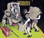  black_hair bob_cut brown_hair cockpit computer highres laptop long_hair mecha multiple_girls original power_armor robot school_uniform science_fiction shoes short_hair skirt sukabu 