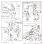  2010 absurd_res anthro breasts bulge butt clothed clothing comic duo english_text faf feline female food fur hi_res jes kitchen male mammal monochrome navel nipples nude speech_bubble taur text 