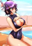  blush breast_hold breasts cleavage covering covering_breasts eyepatch from_side front_zipper_swimsuit headgear highres kantai_collection large_breasts looking_at_viewer meme_attire norman_maggot one-piece_swimsuit open_mouth poolside purple_hair seiza short_hair sitting solo swimsuit tenryuu_(kantai_collection) yellow_eyes 