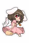  animal_ears barefoot blush brown_hair bunny bunny_ears bunny_tail carrot chibi dress full_body holding inaba_tewi jewelry kine looking_at_viewer open_mouth outline pendant pink_dress puffy_short_sleeves puffy_sleeves red_eyes ribbon-trimmed_clothes ribbon_trim short_hair short_sleeves shou_moeboshi solo tail touhou 