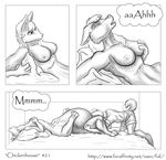  2010 absurd_res anthro bed belly big_belly breasts clothed clothing comic duo english_text eyes_closed faf feline female fur hand_on_breast hi_res jes male male/female mammal monochrome nipples nude oral sex speech_bubble taur text 