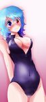  arms_behind_back blue_eyes blue_hair blush breasts cleavage collarbone covered_navel covered_nipples cowboy_shot dorian embarrassed front_zipper_swimsuit frown gradient gradient_background heterochromia highres large_breasts looking_at_viewer meme_attire one-piece_swimsuit pink_background red_eyes short_hair shy solo sweatdrop swimsuit tatara_kogasa touhou unzipped 