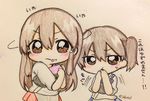  akagi_(kantai_collection) brown_eyes brown_hair chibi closed_mouth commentary_request food food_on_face hair_between_eyes hands_on_own_face hishimochi jako_(jakoo21) kaga_(kantai_collection) kantai_collection long_hair multiple_girls muneate short_sleeves side_ponytail simple_background traditional_media translation_request twitter_username 