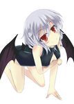  akisome_hatsuka all_fours alternate_costume bat_wings breasts front_zipper_swimsuit hair_between_eyes lavender_hair looking_at_viewer meme_attire one-piece_swimsuit red_eyes remilia_scarlet short_hair small_breasts smile solo swimsuit touhou wings 