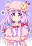  blush bow breasts crescent crescent_hair_ornament crossed_arms hair_bow hair_ornament hat large_breasts mukyuu patchouli_knowledge purple_eyes solo touhou yukari_yukke 