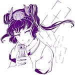  cellphone grin hat heart himekaidou_hatate hiyuu_(flying_bear) monochrome phone short_hair simple_background smile solo tokin_hat touhou twintails white_background 