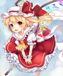  ascot blonde_hair dress fang flandre_scarlet hat hat_ribbon highres mob_cap open_mouth paragasu_(parags112) puffy_short_sleeves puffy_sleeves red_dress red_eyes ribbon sash shirt short_sleeves side_ponytail smile solo touhou v_arms wings wrist_cuffs 