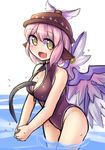 :d alternate_costume animal animal_between_breasts animal_ears between_breasts blush breasts cleavage cleavage_cutout fish front_zipper_swimsuit fun_bo hat jewelry lamprey large_breasts looking_at_viewer meme_attire mystia_lorelei one-piece_swimsuit open_mouth pink_hair short_hair simple_background single_earring sketch smile solo swimsuit touhou wading water wings yellow_eyes 