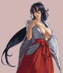  black_hair breasts center_opening cleavage_reach commentary covered_nipples cowboy_shot eu03 goggles goggles_on_head hair_ribbon hakama huge_breasts japanese_clothes koyori lips long_hair looking_at_viewer miko no_bra open_mouth red_hakama ribbon ribbon-trimmed_clothes ribbon-trimmed_sleeves ribbon_trim sagging_breasts sengoku_ace sengoku_blade sideboob solo very_long_hair wide_sleeves 