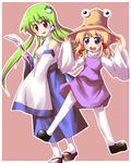  bat_wings blonde_hair blue_eyes detached_sleeves gohei green_hair hair_ribbon hair_tubes hat kochiya_sanae moriya_suwako multiple_girls open_mouth red_eyes ribbon thighhighs touhou white_legwear wide_sleeves wings yukari_yukke 