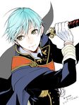  aqua_hair gloves ichigo_hitofuri katana male_focus military military_uniform necktie simple_background solo sword touken_ranbu translated twitter_username uniform upper_body weapon white_background white_gloves yellow_eyes zuwai_kani 