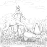  2010 absurd_res anthro breasts clothed clothing comic duo faf feline fur grass hi_res jes looking_down mammal monochrome navel nipples nude sleeping taur tree 