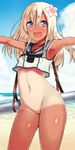  :d absurdres amano_don bad_id bad_pixiv_id blonde_hair blue_eyes blush bottomless crop_top highres kantai_collection long_hair navel no_pussy one-piece_tan open_mouth ro-500_(kantai_collection) sailor_collar smile solo tan tanline 
