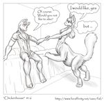  2010 absurd_res anthro bed belly breasts clothed clothing comic duo english_text faf feline female fur hi_res inviting jes male mammal monochrome nipples nude raised_tail speech_bubble suggestive taur text 