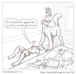  2010 absurd_res anthro breasts bulge clothed clothing comic crossed_arms duo english_text faf feline female food fur hi_res jes kitchen looking_down looking_up male mammal monochrome navel nipples nude raised_tail speech_bubble taur text trash 