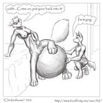  2010 absurd_res anthro bed belly big_belly breasts butt clothed clothing comic crouching duo english_text faf feline female fur half-dressed hand_on_belly hi_res jes looking_back male mammal monochrome nipples nude raised_leg speech_bubble spreading taur text topless 