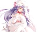  bare_shoulders blue_bow blue_eyes bow breasts cleavage covering covering_breasts crescent crescent_hair_ornament elbow_gloves frilled_sleeves frills gloves hair_ornament hat head_tilt large_breasts long_hair looking_at_viewer maruko mob_cap patchouli_knowledge purple_hair red_bow simple_background sitting solo touhou very_long_hair white_background 