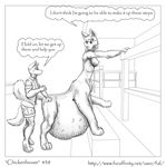  2010 absurd_res anthro belly big_belly breasts clothed clothing comic duo english_text faf feathers feline female fur hi_res jes looking_back male mammal messy monochrome nipples nude speech_bubble stairs taur text vore 